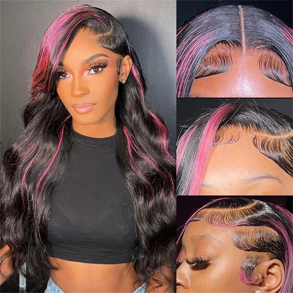 

Body Wave 13x4 Lace Front Wig Human Hair Ombre Highlight 1B/pink Transparent Lace Wigs 180% Density Pre Plucked With Baby Hair