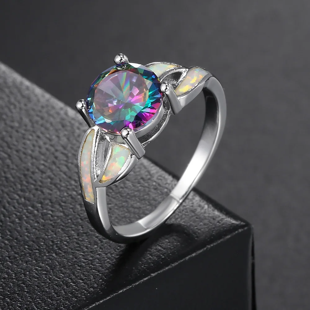 Rainbown Zircon Couple Rings For Women Men Classic Trend Opal Stone Large Size Silver Color Proposal Wedding Ring Jewelry KAR079