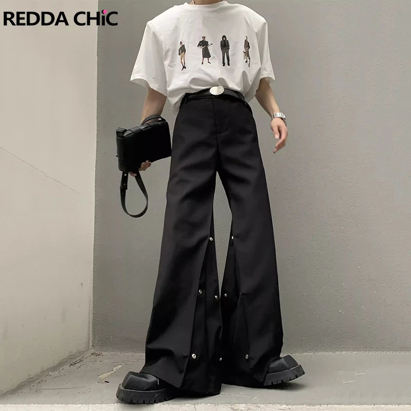 REDDACHIC Button Deconstructed Suit Trousers Men Vintage Black Solid Loose Casual Straight Wide Leg Pants All Purpose Work Wear