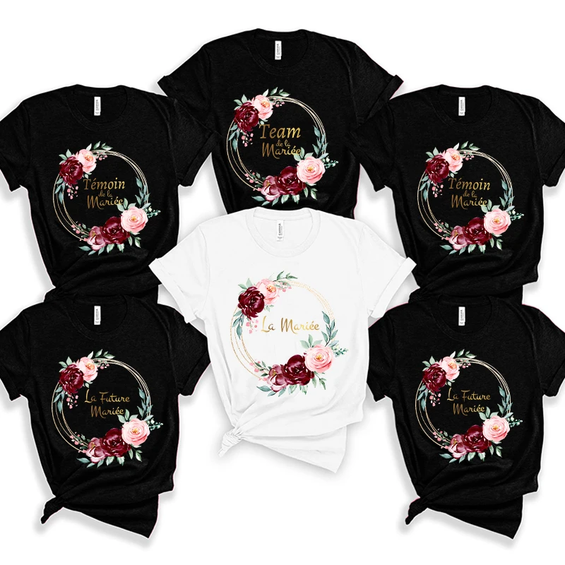 French Girls Bachelorette Hen Party Evjf Tops Team Bride Bridesmaid T-Shirt Sleeved Wreath Graphic Tees Bridal Wedding