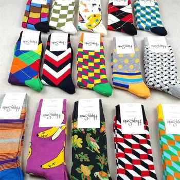 Happy Socks Men's Diamond Check Socks Four Seasons Pure Cotton Geometric Pattern Sports Socks