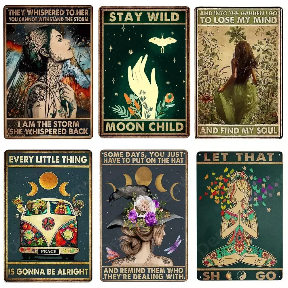 Vintage Boho Witchy Spiritual Metal Tin Sign Set Retro Stay Wild Moon Child Every Little Thing Is Gonna Be Alright Wall Art Deco