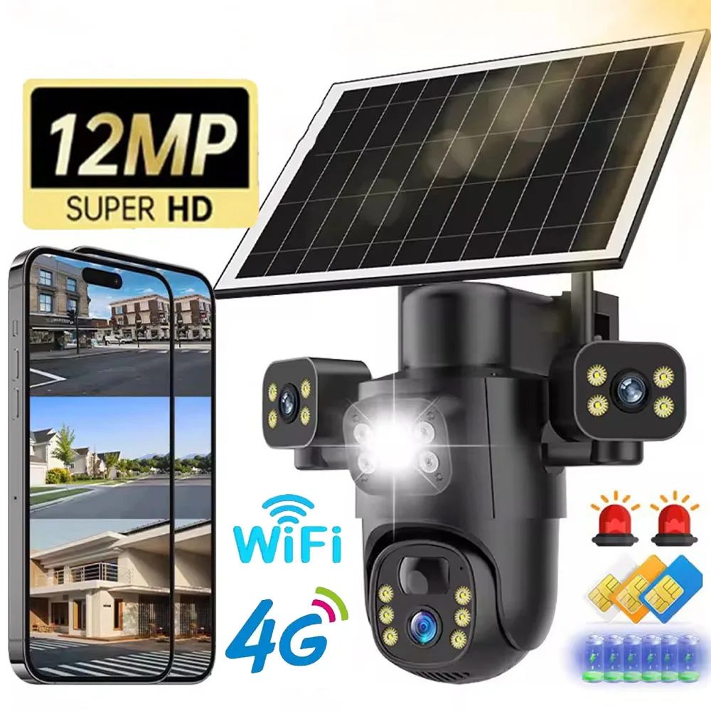 

4G солнечная камера безопасности, уличная водонепроницаемая камера с тремя объективами, три экрана, полноцветная камера ночного видения с обнаружением движения, CCTV, WIFI камеры