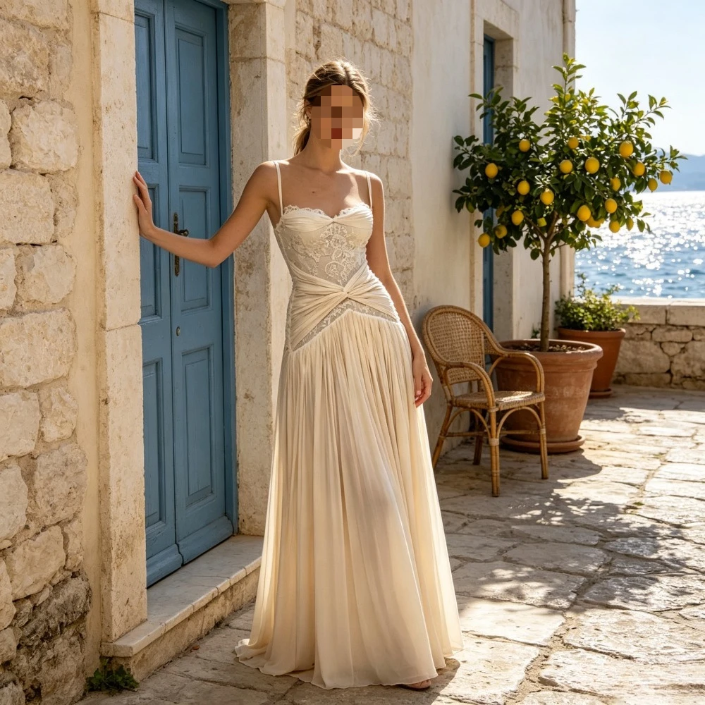 Customized Simple Lace Strap Evening Dress 2026 with Ruffle Corset and Elegant Chiffon Beach Ball Gown Suitable for Parties