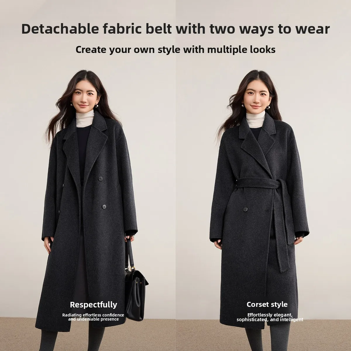 SENTUBILA Damen-Wintermantel aus Wolle mit Doppelreiher, Damen-Oberbekleidung 2026, Business-Mantel für Pendler, mittellanger Mantel mit Gürtel W54OA8781 – Detail 2