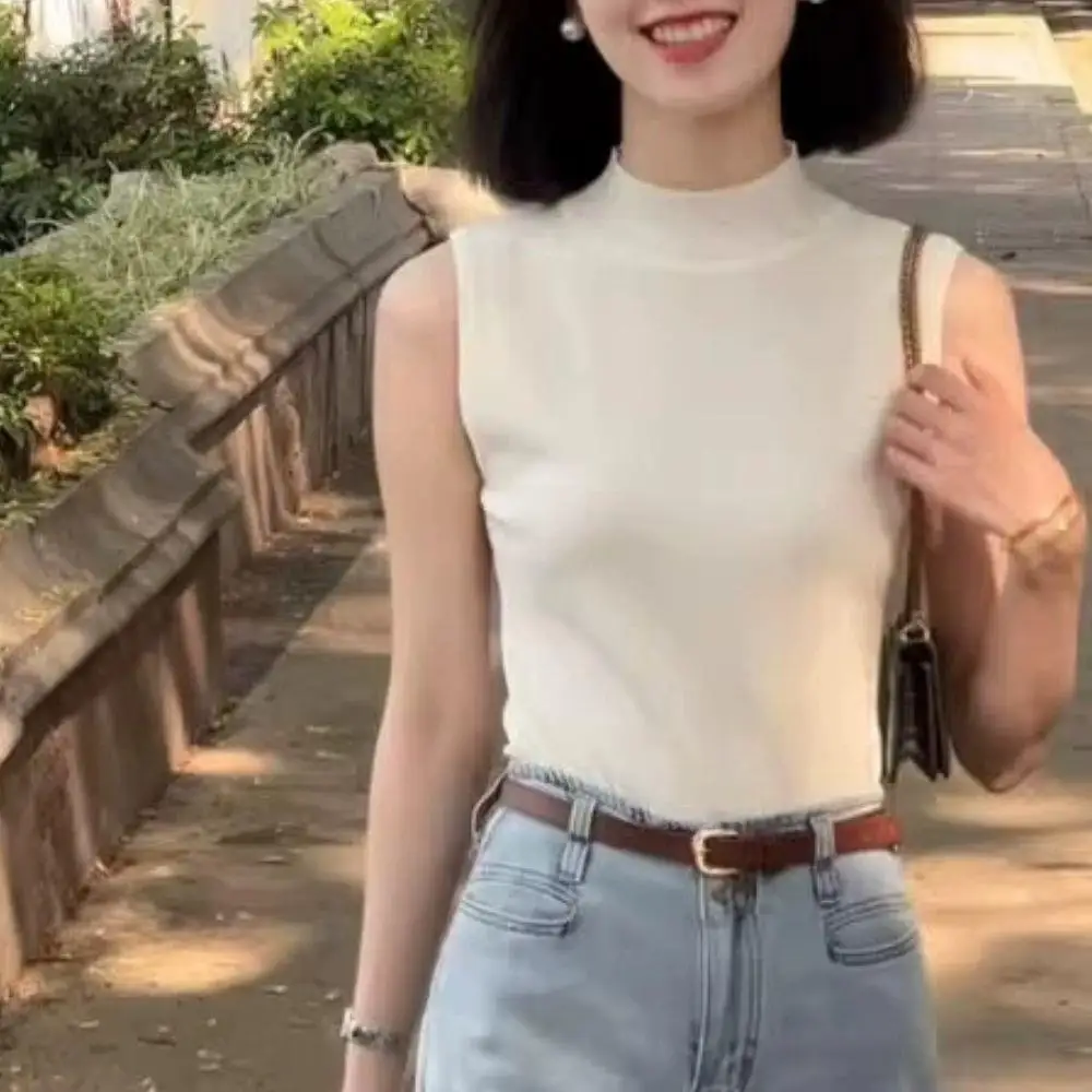 Elegant Women's Vest Knitted Tank Top Tees T-Shirt Women Top Half-turtleneck Cropped Top Camisole Sweater  Autumn Sleeveless