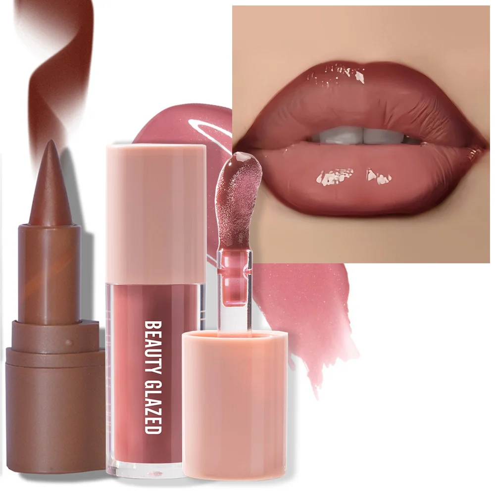 2 ピース/セットベルベットテクスチャリップメイクアップセットリップライナーリップグレーズ防水長期的なマットナチュラルリップメイクアップリップコンビネーション