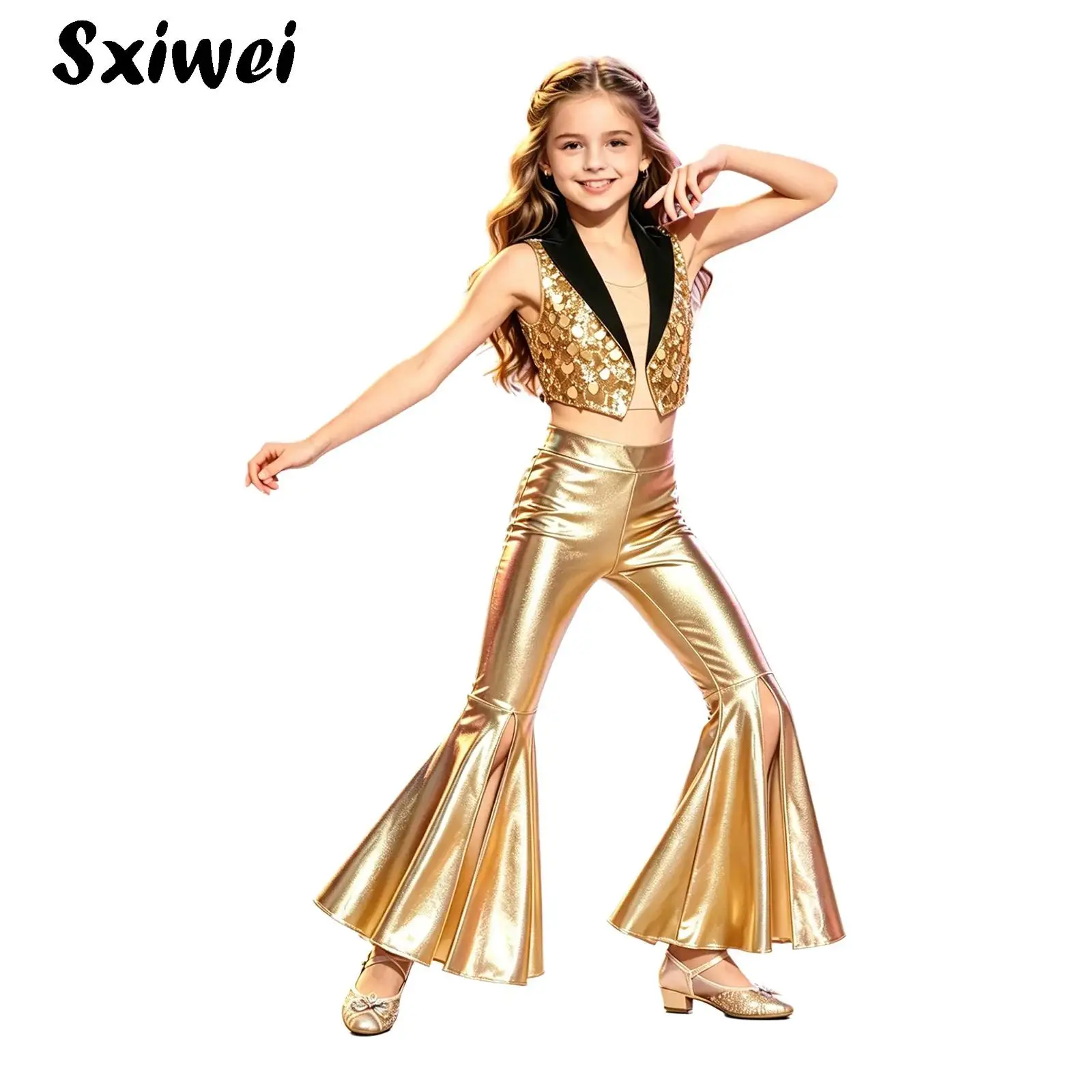 

Kids Girls Pageant Set 70S Disco Jazz Dance Outfits Open Front Sequin Waistcoat Vest Top with Split Bell-bottom Metallic Pants