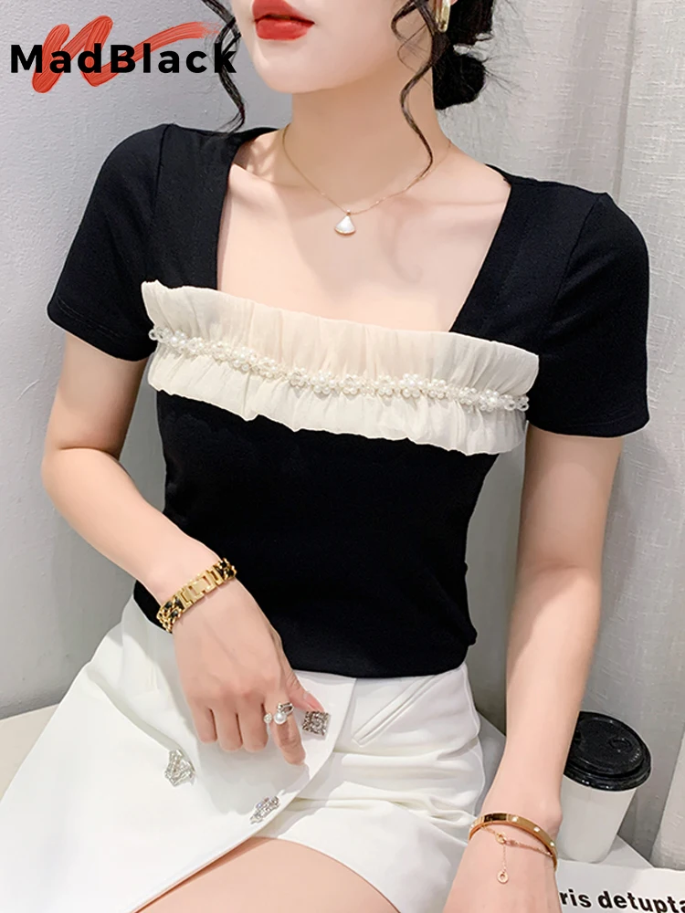 

MadBlack Summer European Clothes Ruffled Tshirts Female Sexy Square Collar Pearl Beaded Slim Tops Short Sleeve Tees New T34326C