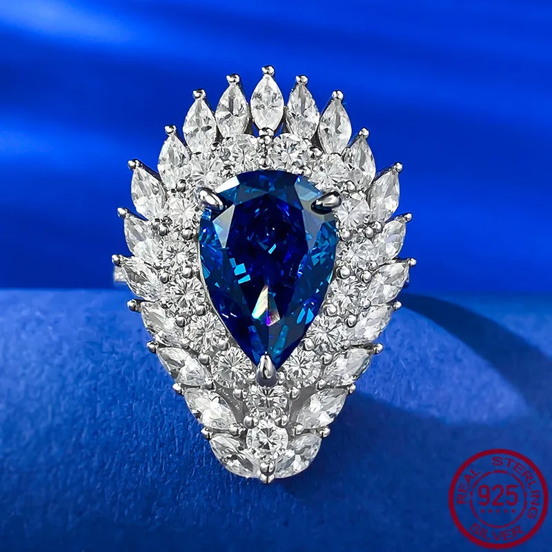 

New European and American S925 Pure Silver 8 * 12 Water Drop Royal Blue Pear Shaped Fashion Luxury Set Ring Wedding Jewelry