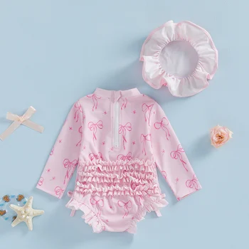 Toddler Girls' Rash Guard Swimsuit Set with Hat 3 Toddler Baby Girl Rash Guard Swimsuit Bow Print Ruffled Long Sleeve Round Neck Beachwear Jumpsuit and Hat Swimwear 2Pcs Set 3