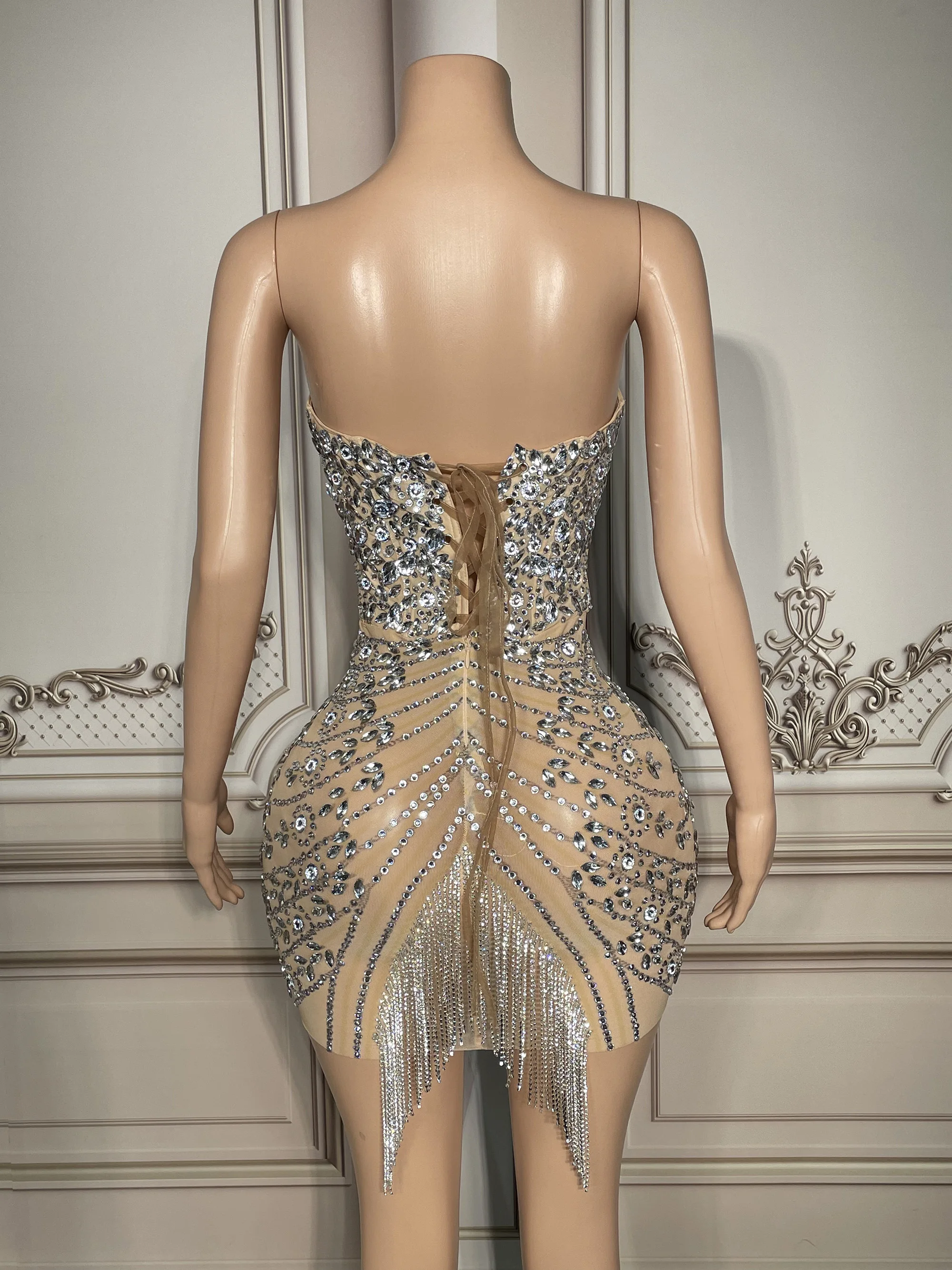 ZD 라인스톤 장식 미니 이브닝 드레스 반짝이는 다이아몬드 섹시한 프롬 드레스 여성 무대 공연 생일 파티용