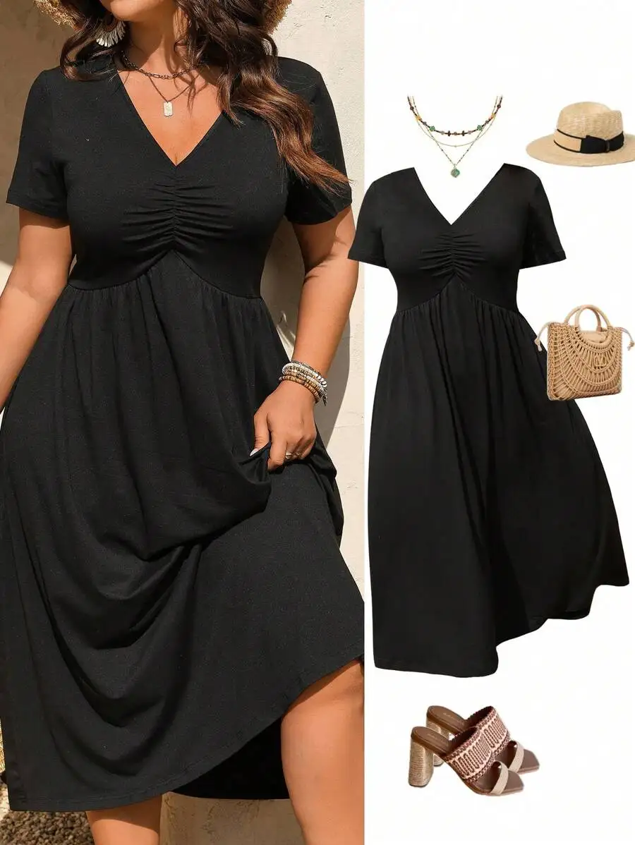 

Черное трикотажное платье миди с V-образным вырезом, рюшами и короткими рукавами для женщин