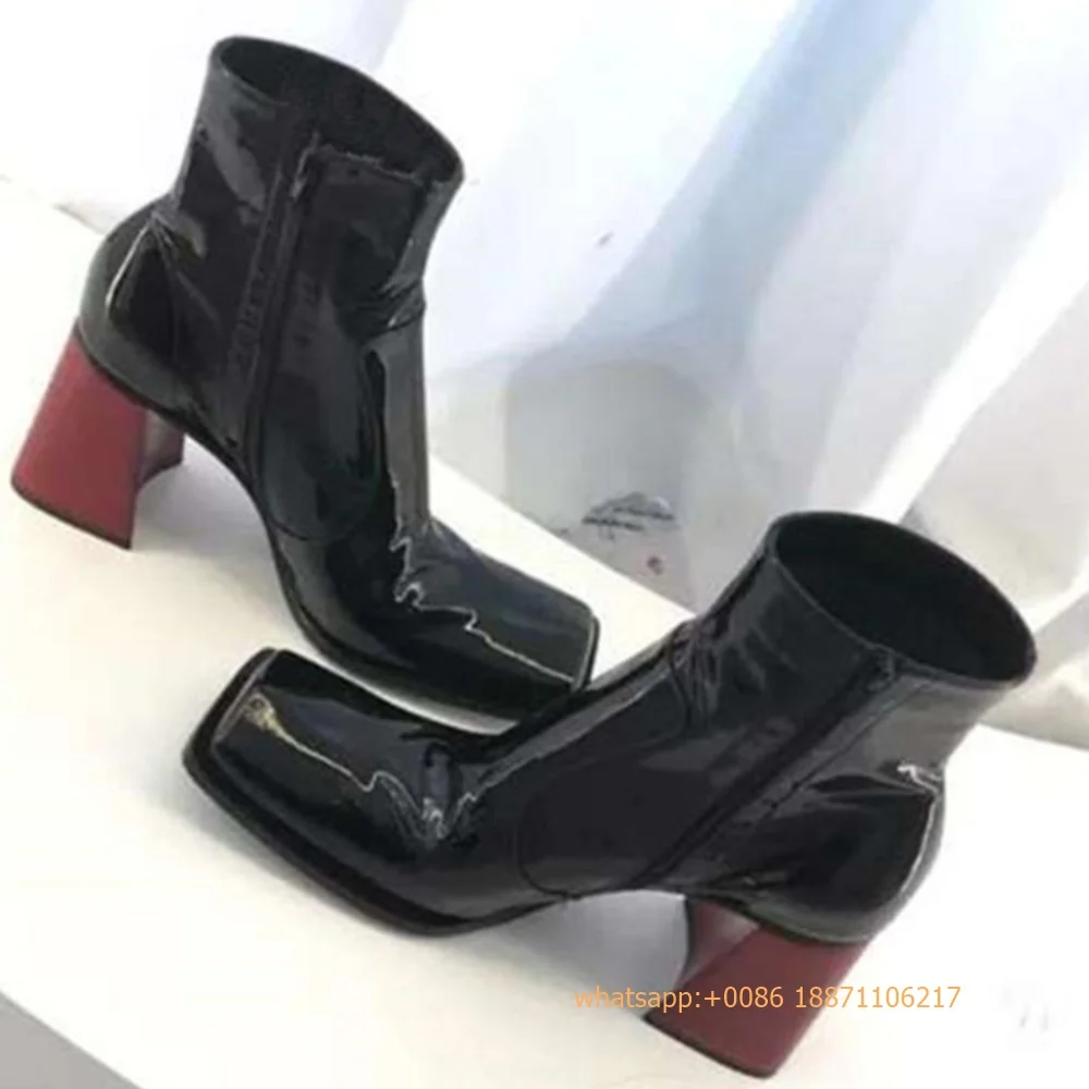 Bottes carrées en cuir verni pour femmes, talon rouge, botte courte de rue, bottes de rinçage décontractées pour dames, noir, mode de bureau sexy, automne, nouveau, 2024