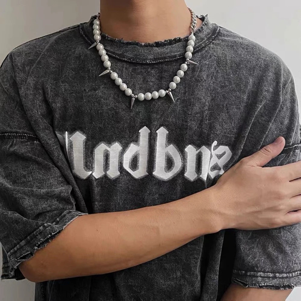 Y2K Reflective Faux Pearls Beads Punk Rivet Choker Necklace for Women Men Gothic Stainless Steel Spike Necklace Jewelry Gifts