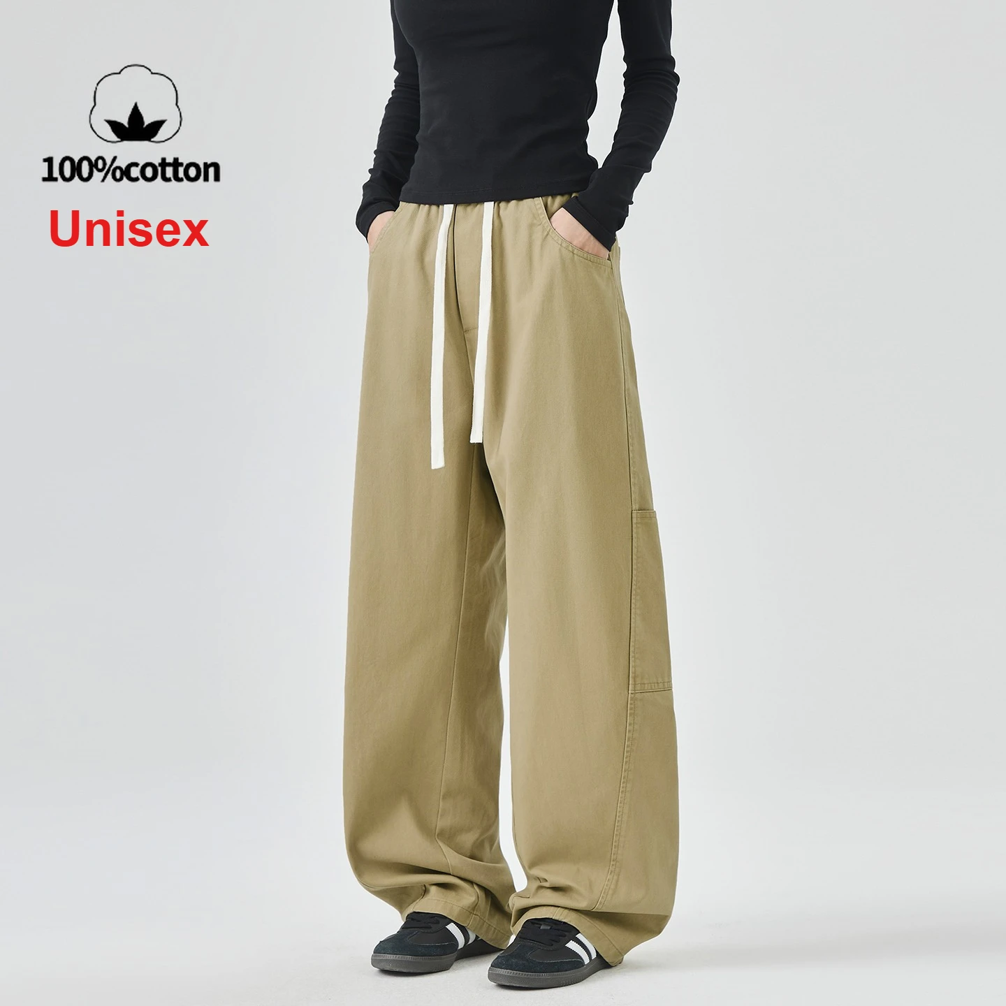

100% Cotton Casual Wide-Leg Pants | Unisex Streetwear Tapered Trousers with Side Stripes Elastic Waist Breathable