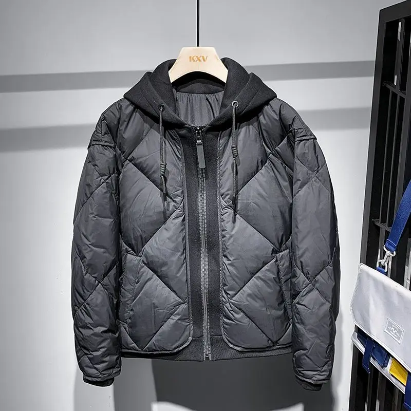 Down Jacket Men Trendy Fake Two-piece Hooded Loose Jacket Zipper Casual Cotton Coat