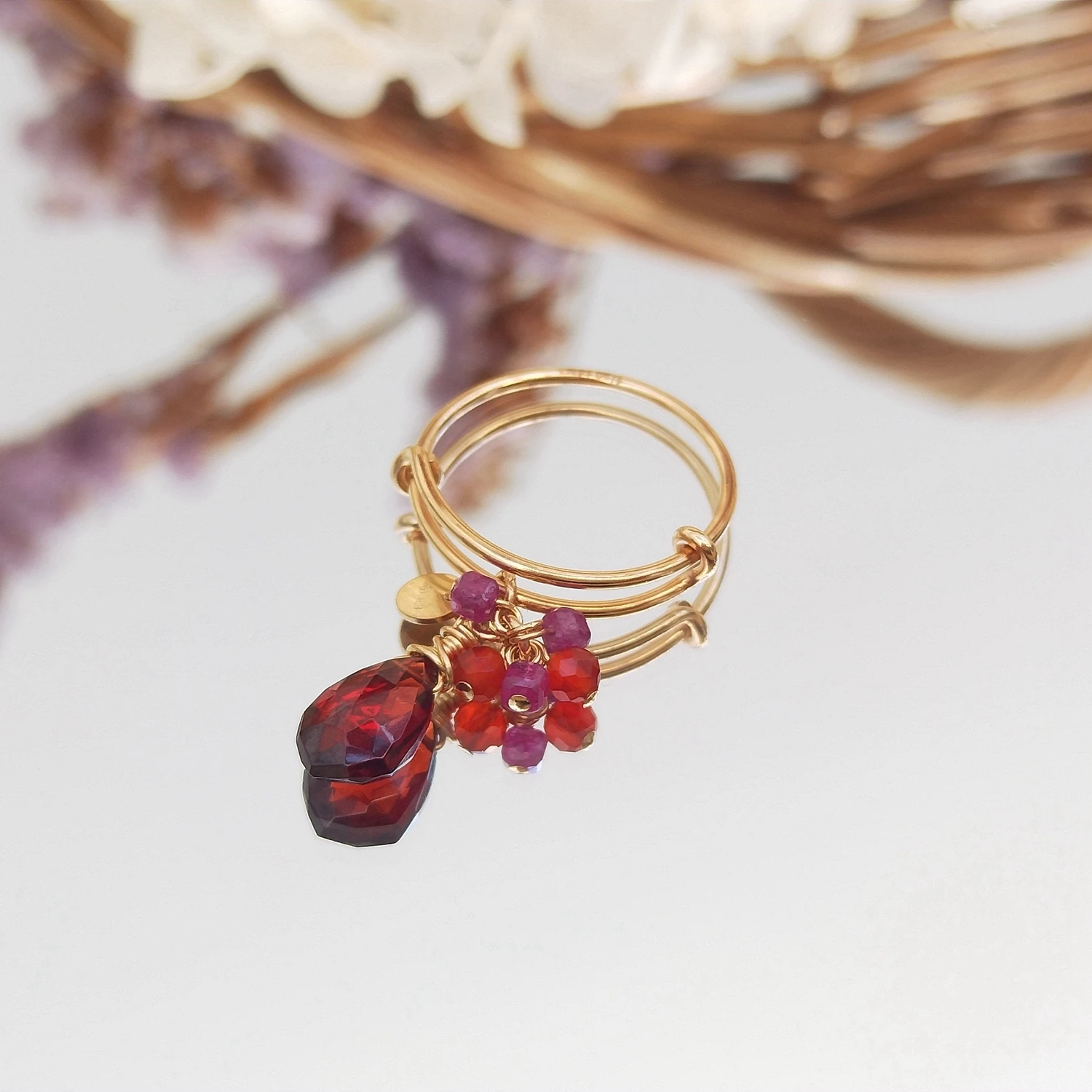 Lii Ji Garnet Ruby Carnelian American 14K Gold Filled Adjustable Ring Natural Stone Handmade Jewelry