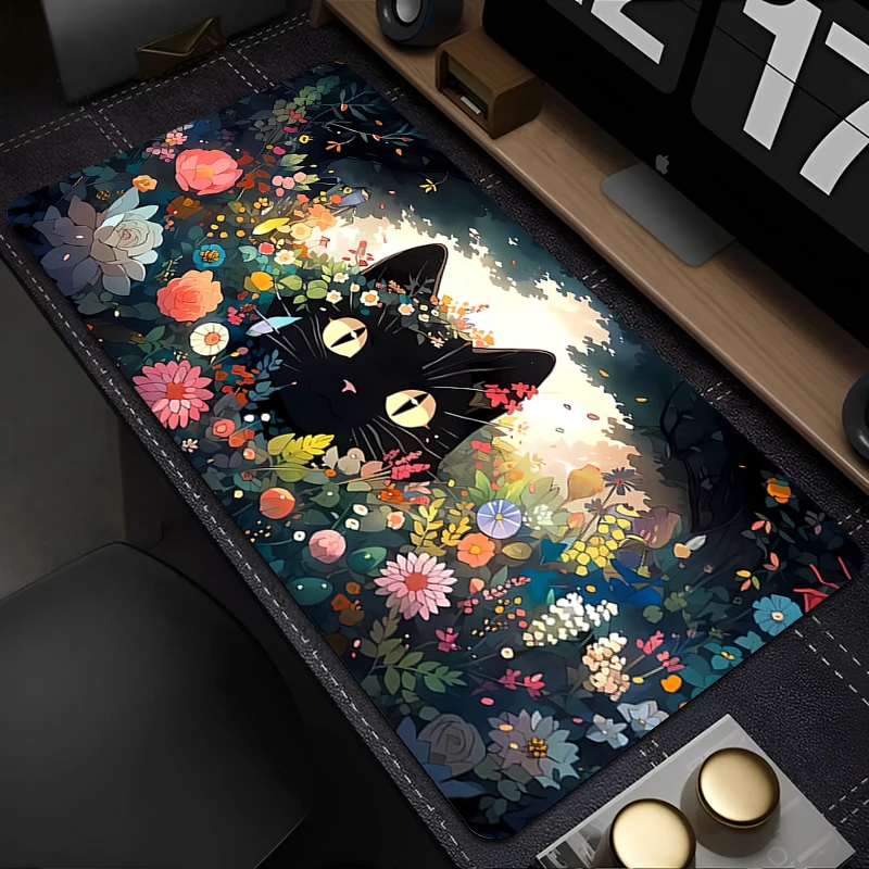 

Cute Flowers Black Cat Mouse Pad Computer Anime Mausepad Green Plants XXL Mousepad Kawaii Extended Pad Pc Keyboard Rug Desk Mat