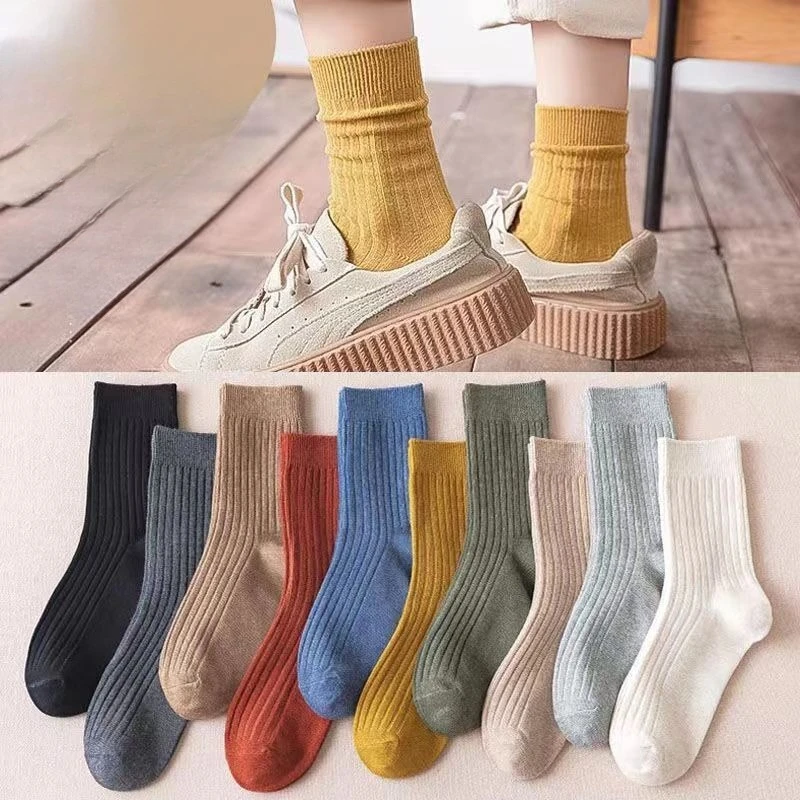 11 زوجًا من الجوارب البسيطة المريحة متوسطة الطول لربيع وخريف بلون سادة، جوارب عالية الطول كاجوال متعددة الاستخدامات
