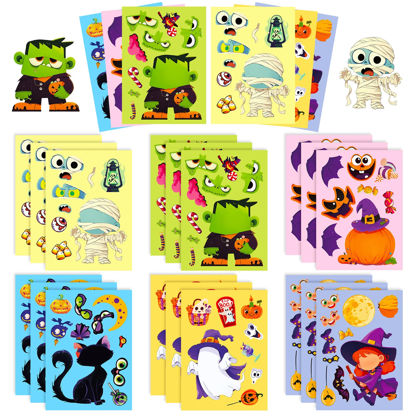 6Sheets Halloween DIY Puzzle Sticker Games 6 Ghost Pumpkin Make A Face Funny Assemble Jigsaw Stickers Kids Educational Toys