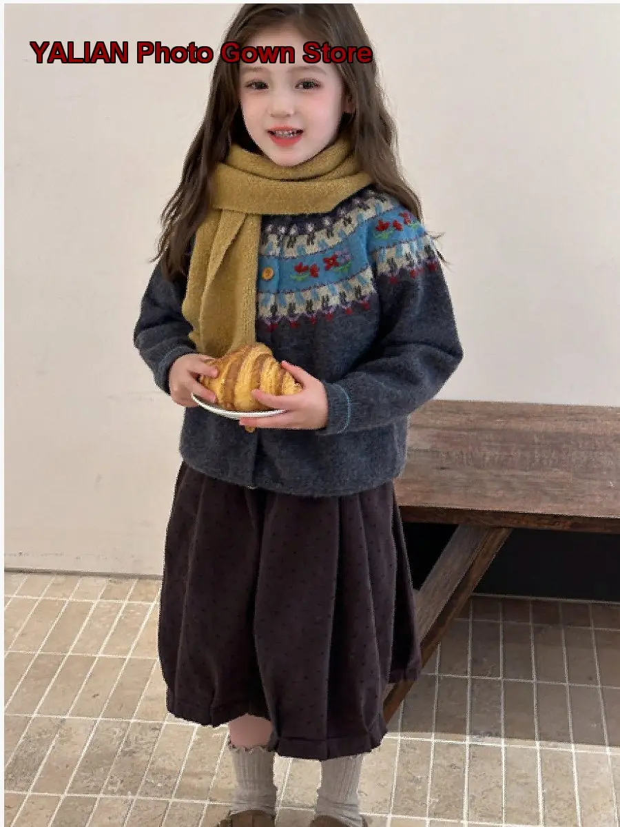 Kids Romantic Fair Isle Spring Autumn Older Girls Atmosphere Knit Coat 2026