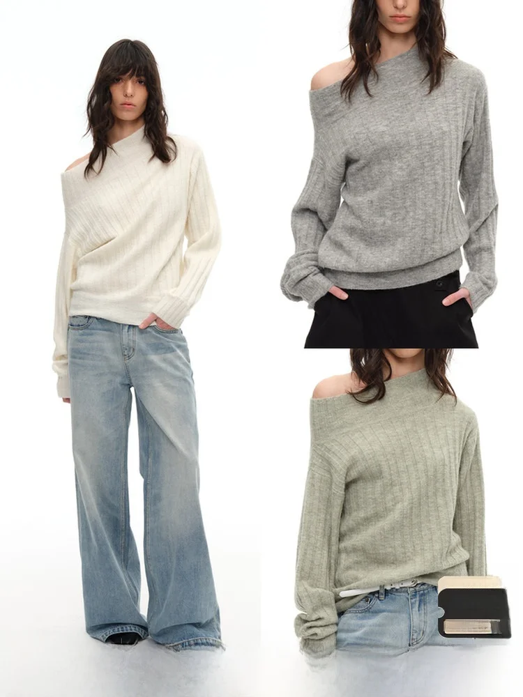 

JCAESAR Women's Casual Loose Fit Sweater Slant Shoulder Knitted Long Sleeve Crew Neck Blend Wool One Shoulder Design
