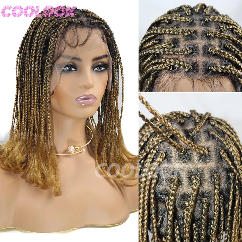 

Ombre Blonde Box Braided Wigs For Black Women 12" Full Lace Heat Resistant Crochet Twist African Synthetic Short Bob Braid Wigs