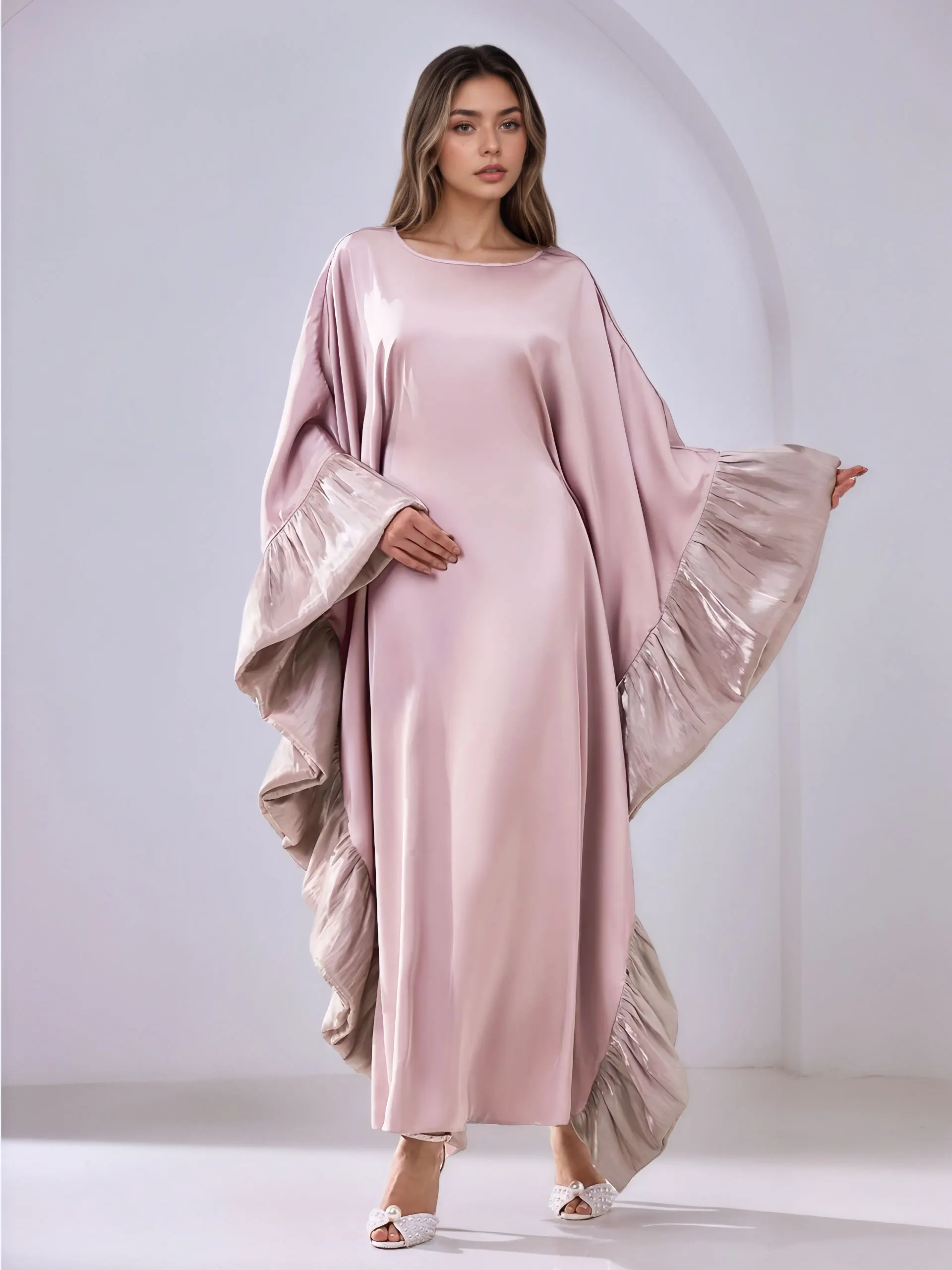 Dubai Muslim Womens Light Pink Abaya with Ruffled Sleeve Robe Ideal for Islamic Modest Fashion Prayers Weddings Religious Events