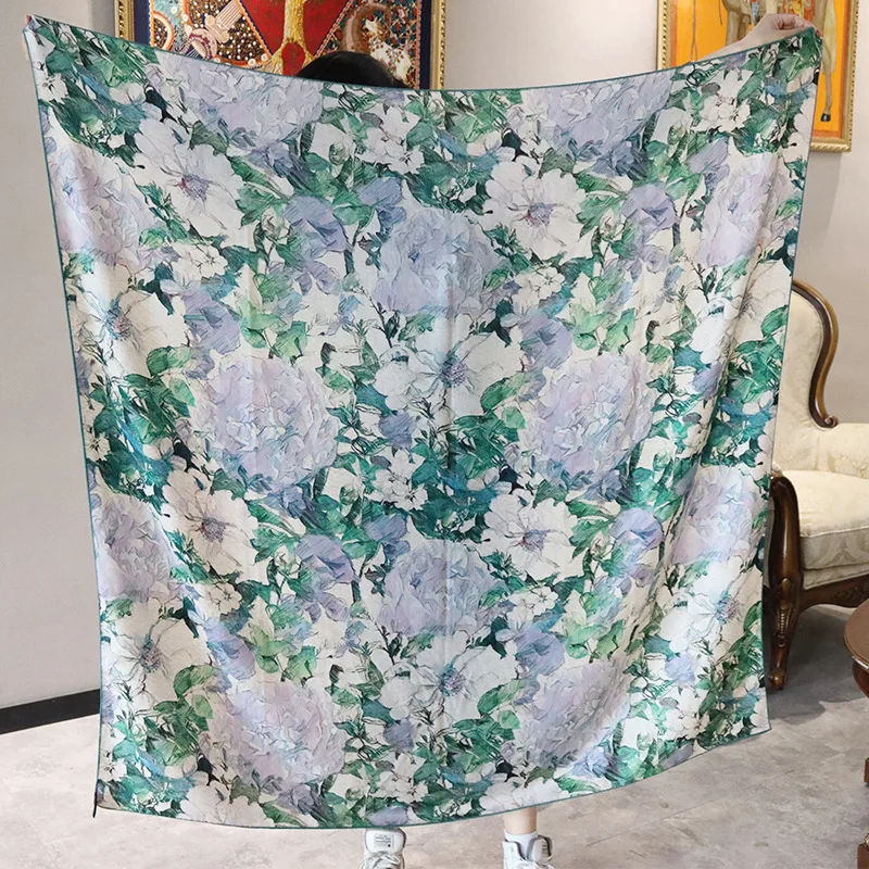 High-end Elegant Women's Exquisite Green Purple Camellia Double-sided Print Quality Silk Wool Hand-rolled Edge Large Scarf Shawl