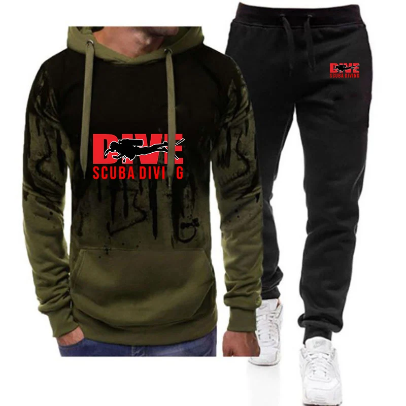 High Street Gradient Color Creative Graphic Scuba Diving Diver Logo Print Leisure Fashion Drawstring Hoodies Pants Suits