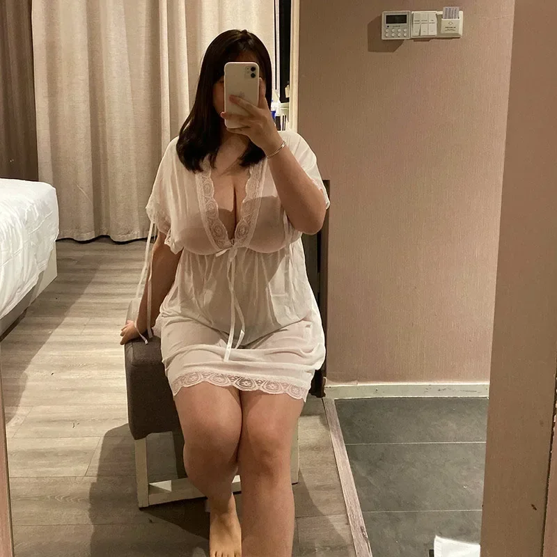 40-95 كجم حجم كبير الدانتيل الأبيض باس النوم منامة مثير الملابس الداخلية المثيرة إغراء فستان الدانتيل الشفاف الملابس الداخلية ليلة مثير سيدة #4