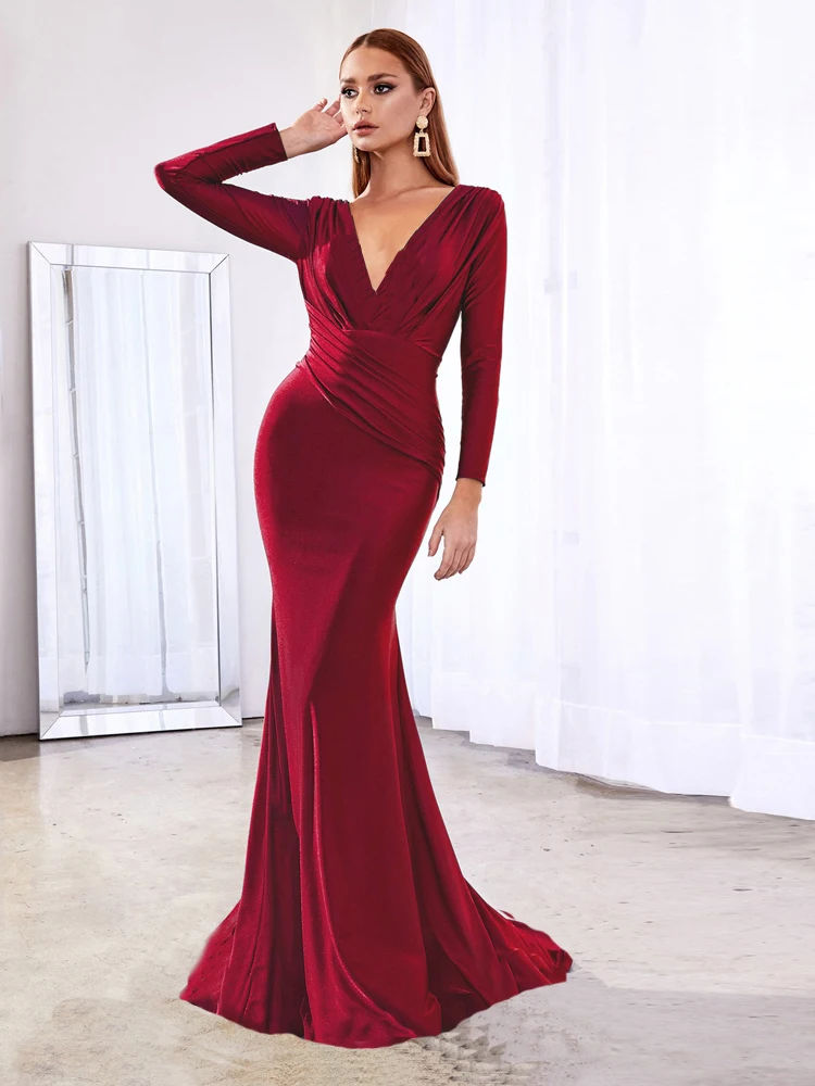 

Sexy Burgundy V Neck Robe Satin Dress Stretchy Full Sleeve Ruched Pink Women Party Dress Maxi Bodycon Mermaid Prom Bridesmaid