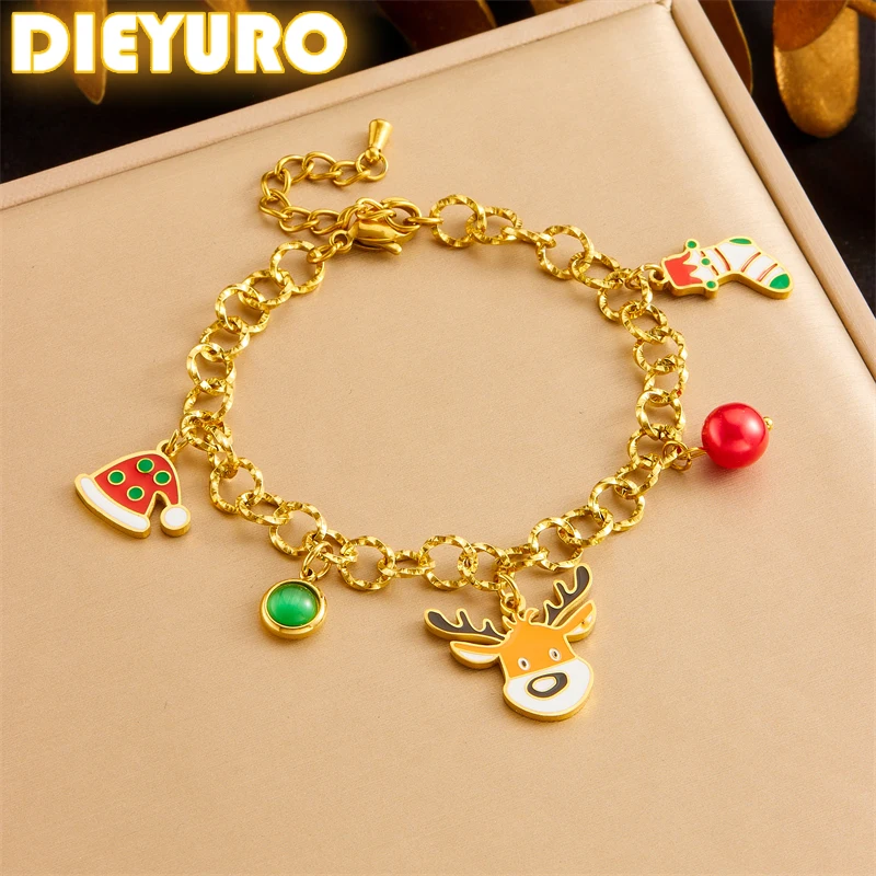 Dieyuro 316l aço inoxidável chapéu de natal meias elk pequena sino pulseira para mulheres menina 2024 nova tendência mão corrente jóias presente