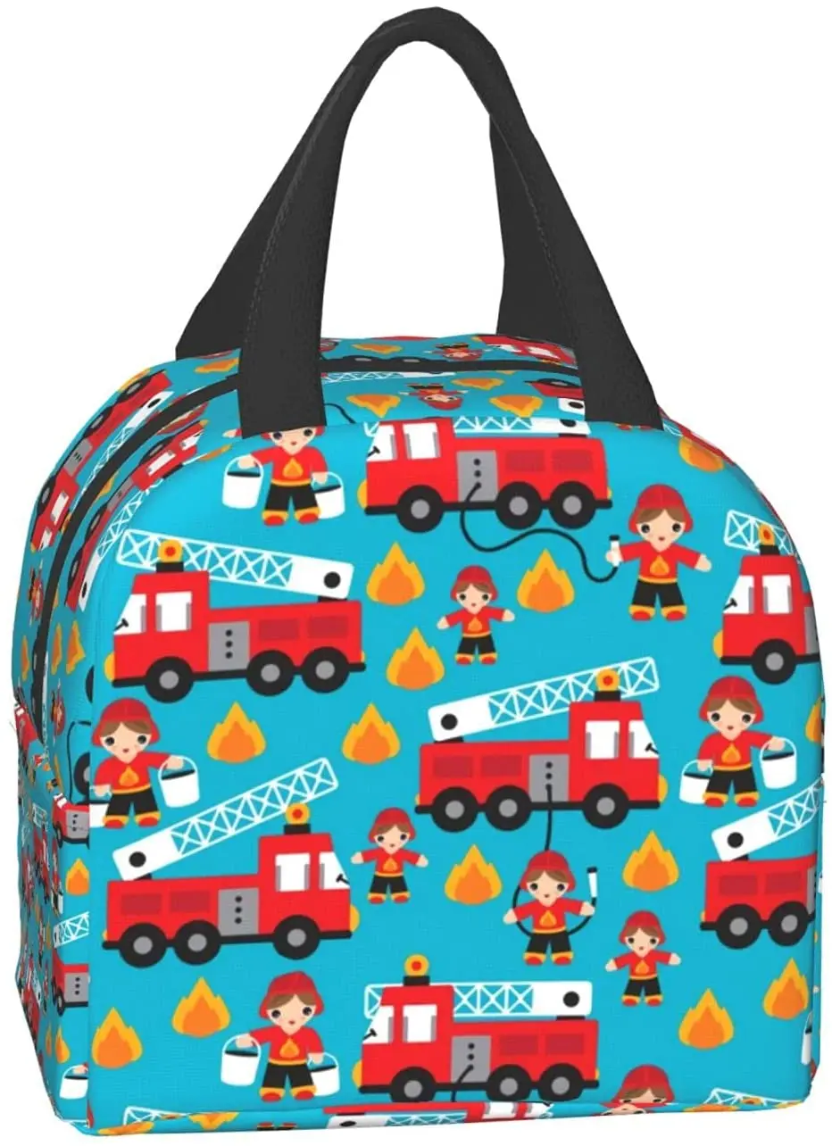 Fire Truck And Hero Boys Car Lunch Bag, Reuseable Lunch Box Durable Thermal Lunch Cooler Pack For Boys Men Women Girls Adults