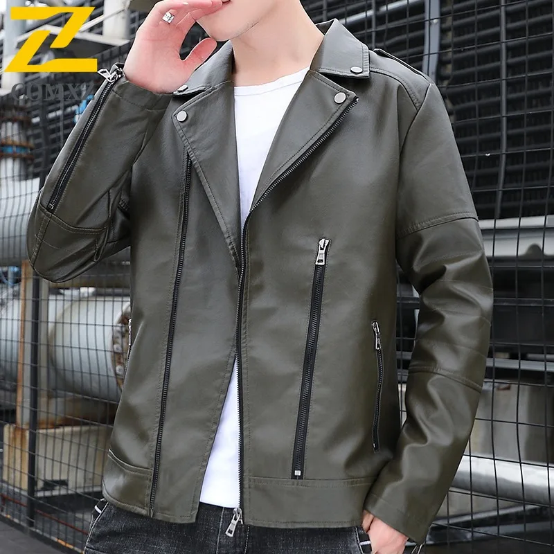 

Men Slim Fit PU Leather Jacket Korean Style Notch Lapel Motorcycle Coat Spring Autumn Business Casual Outdoor Sports Outerwear