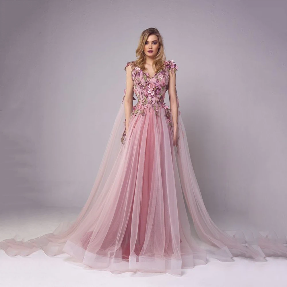 Elegant Pink Women Prom Dresses Floor Length O-Neck A-Line Appliques Flowers Leaves High-end Sweet Women Prom Banquet Gowns