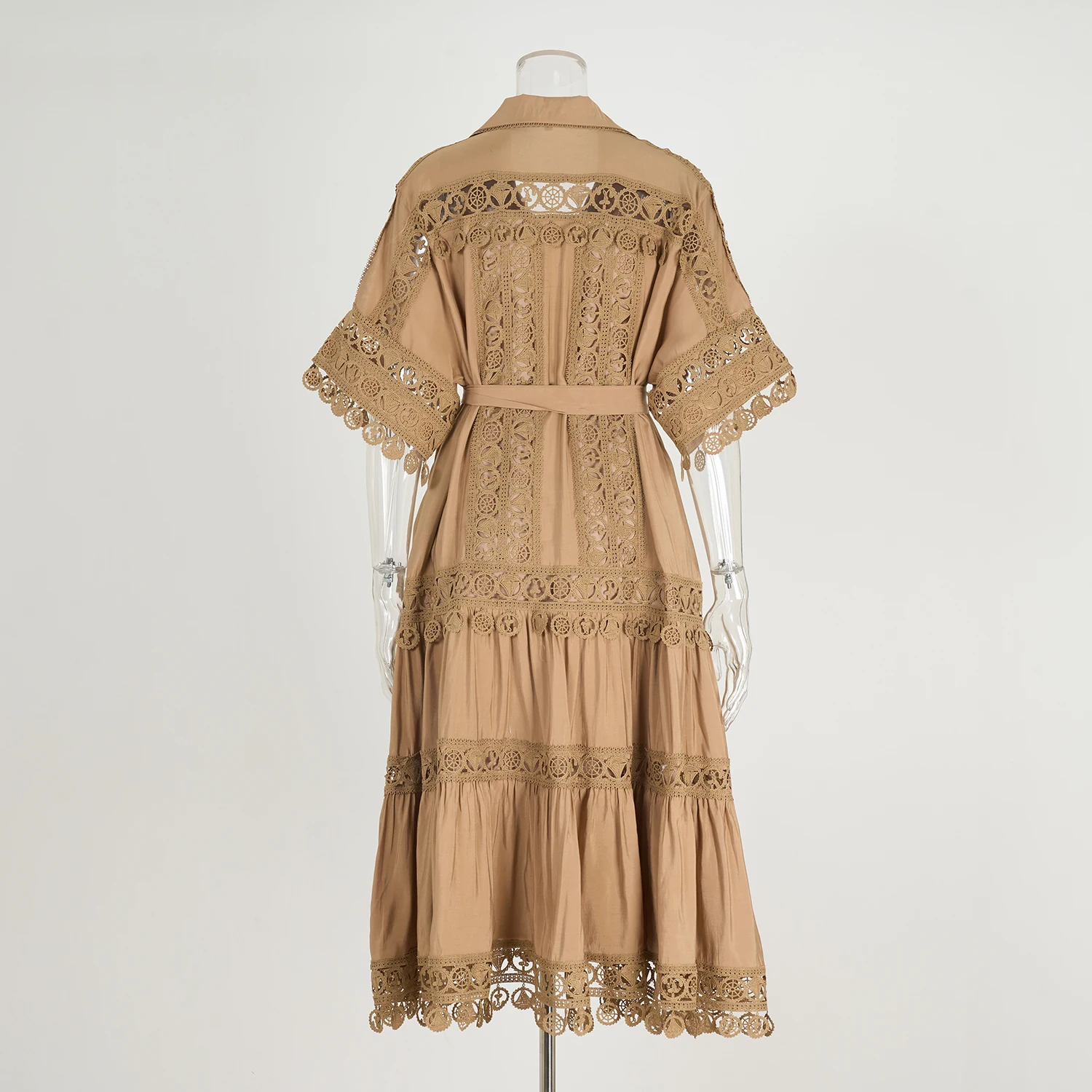 Runway 2025 Summer Lace Embroidery Short Sleeve Holiday Beach Dress Women's Hollow Out Lace Trim Evening Prom Party Vestido Robe