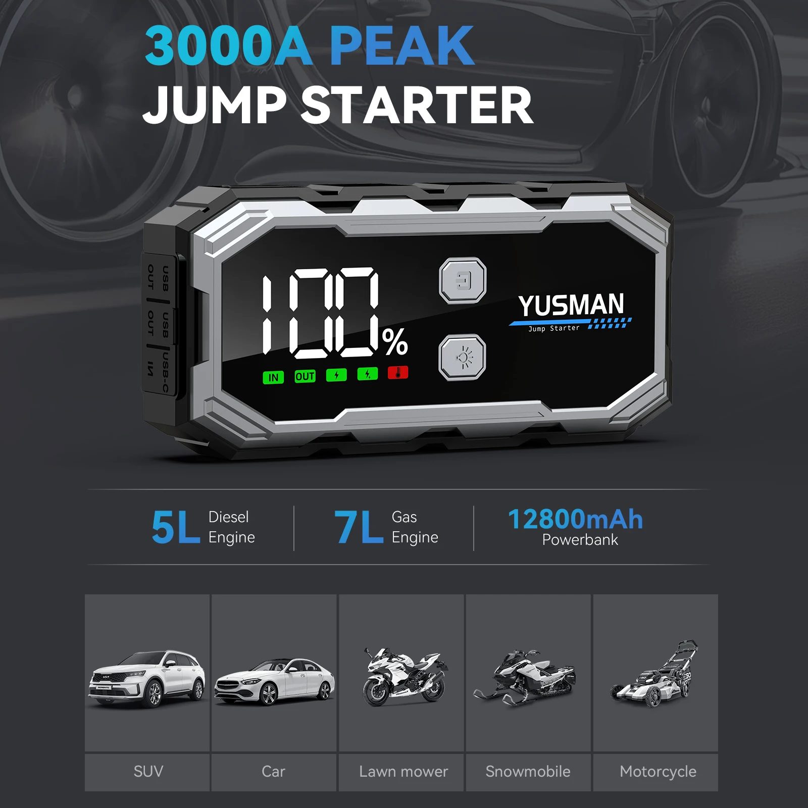 3000A Start Power Bank 12800mAh Jump Starter Car Booster External Battery 12V Starting Device for Petrol Diesel Powerbank