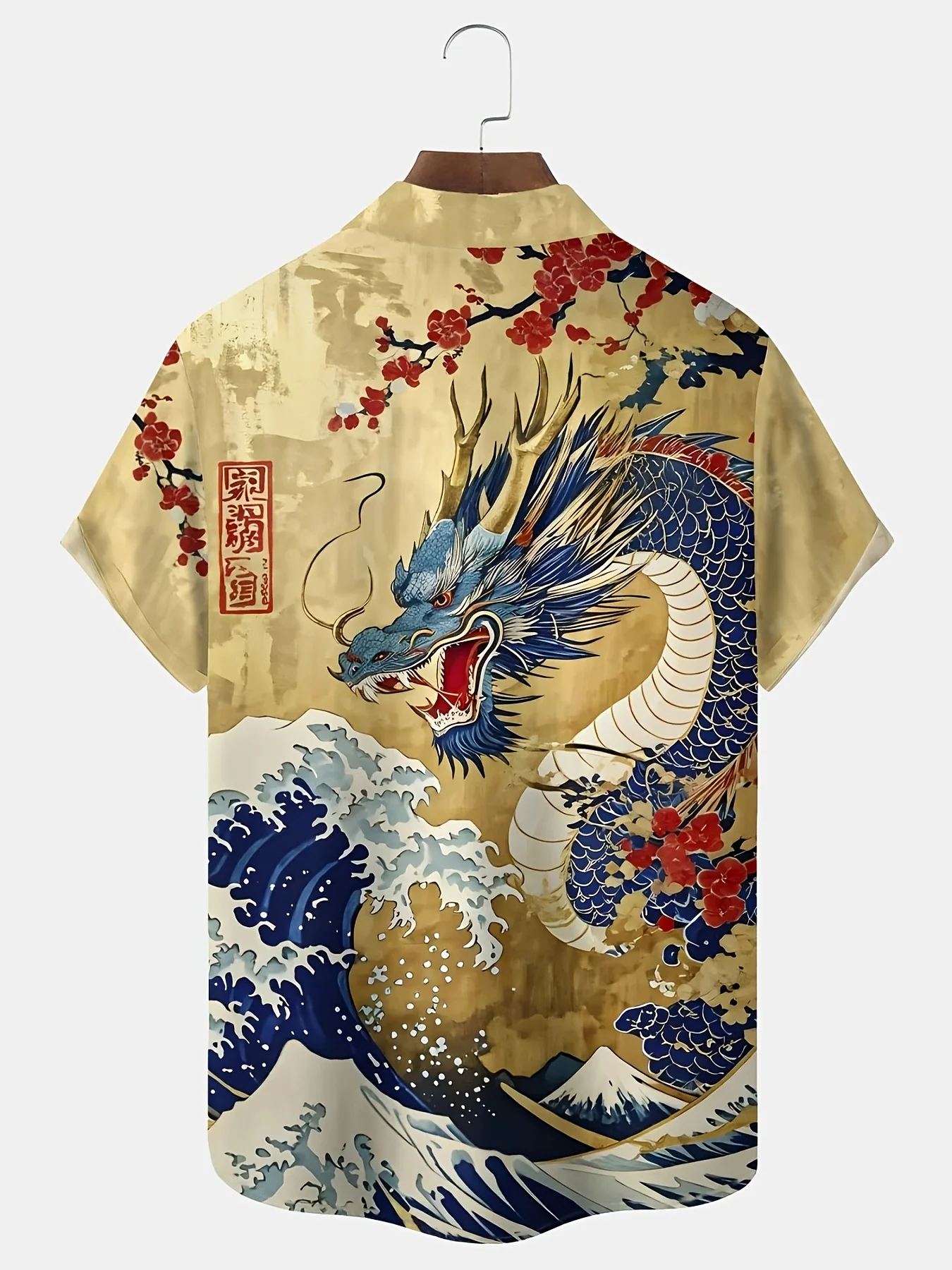 Men Short Sleeve Shirt Ukiyo‑e Dragon Wave Cherry Blossom Print Turn‑Down Collar Hawaiian Casual Tops