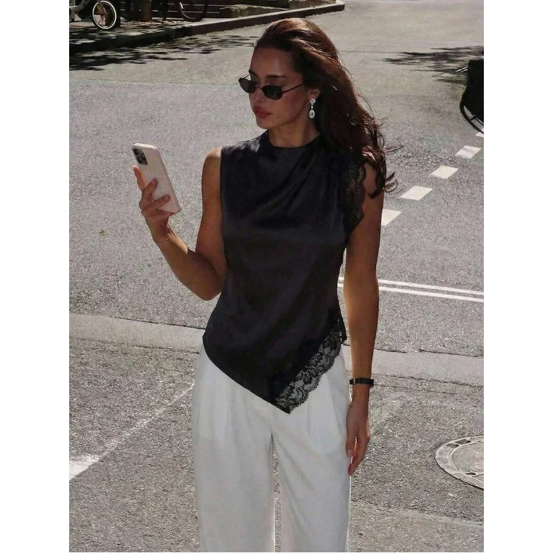Women's Elegant Minimalist Asymmetric Lace Patchwork Hem Ruffle Elegant Black Satin Top With An Asymmetrical Shoulder