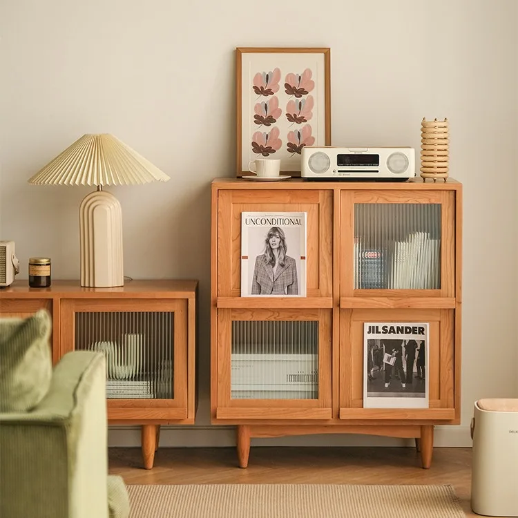 

Nordic rattan solid wood dining side cabinet living room simple creative designer B & B hotel four-door large-capacity storage