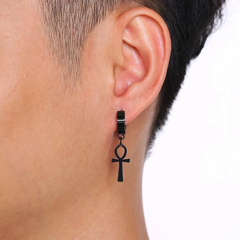 WKOUD Mens Ankh Cross Egypt Cleopatra Earrings For Women Unisex Jewelry Antiqued Black Stainless Steel Egyptian Queen Ankara