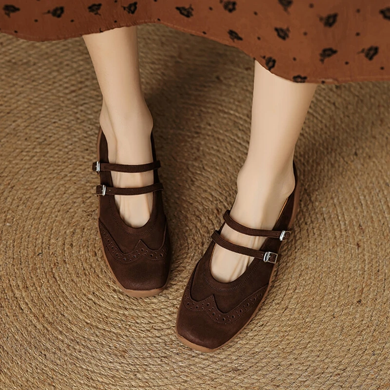 NEW Spring/Autumn Women Pumps Square Toe Increased Internal Shoes Genuine Leather Shoes for Women Black Buckle Mary Janes Shoes