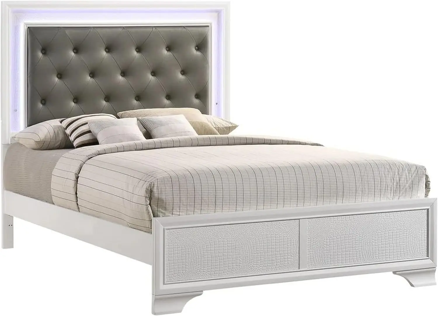 Benjara-cama de matrimonio Lise, tapicería de tela, Led iluminado, madera moderna, blanco y gris