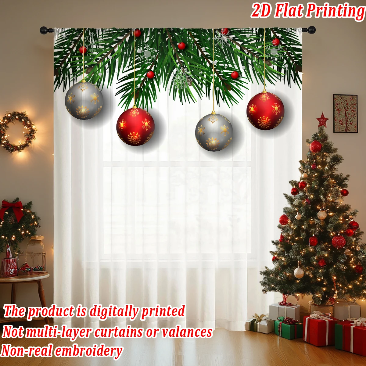 Christmas Flat Printing Sheer Curtain with Christmas Ball Pine Branches Snowflak for Living Room Bedroom Decor Holiday Party