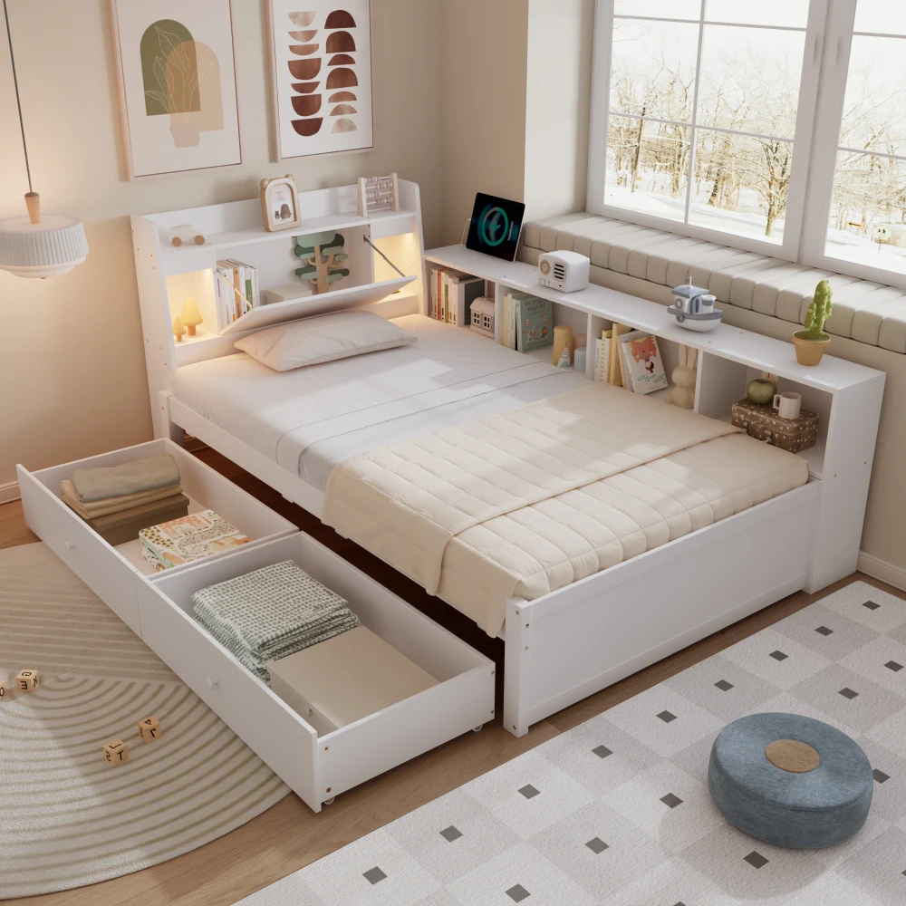 PINGGO Einzelbett 90x200cm mit Kopfteil-Stauraum, 2 Lichtern, Ladebox, Seitenschrank, Schubladen, Kiefernholz-Spanplatte, MDF, ohne Matratze