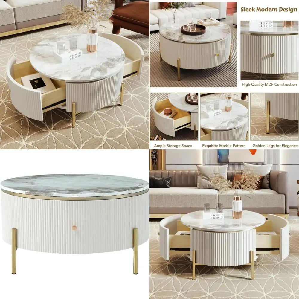 Круглый белый и золотой современный журнальный столик с ящиками и мраморной столешницей, с золотыми ножками в стиле барабана