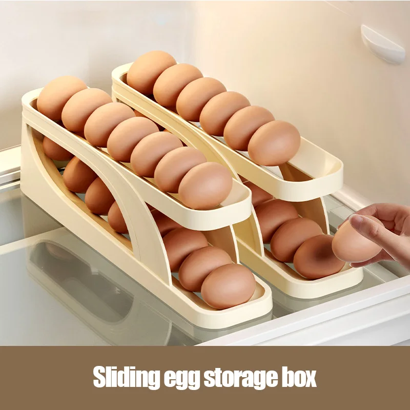 

Sliding egg tray refrigerator storage side door 2-layer automatic egg roller kitchen countertop anti-fall egg storage box