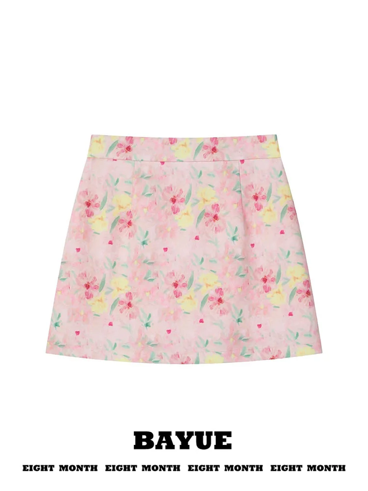 Sweet Pink Floral Oil Painting A-Line  Skirt Women's High Waist Slimming Short Skirt Miu Series Spring Collection